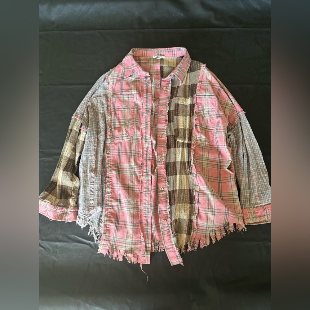 Plaid Patchwork Button Down Shirt - Pink And Brown - image 1